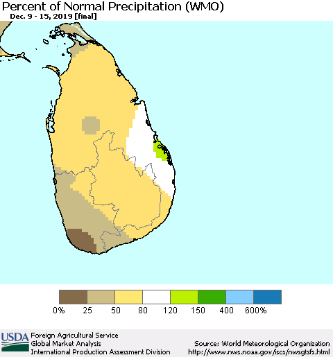 Sri Lanka Percent of Normal Precipitation (WMO) Thematic Map For 12/9/2019 - 12/15/2019