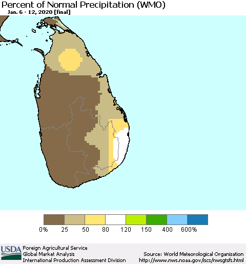 Sri Lanka Percent of Normal Precipitation (WMO) Thematic Map For 1/6/2020 - 1/12/2020