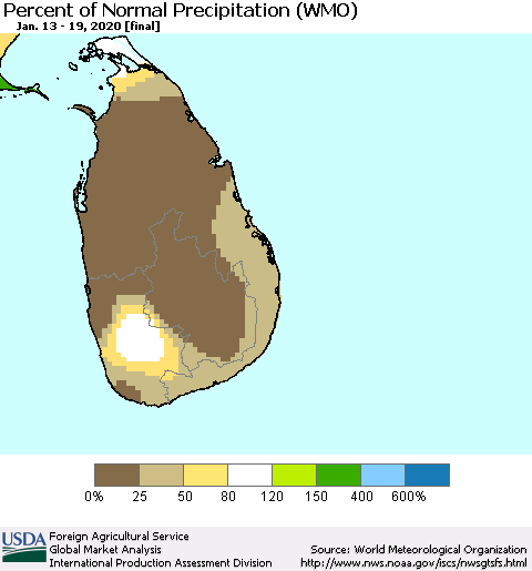 Sri Lanka Percent of Normal Precipitation (WMO) Thematic Map For 1/13/2020 - 1/19/2020