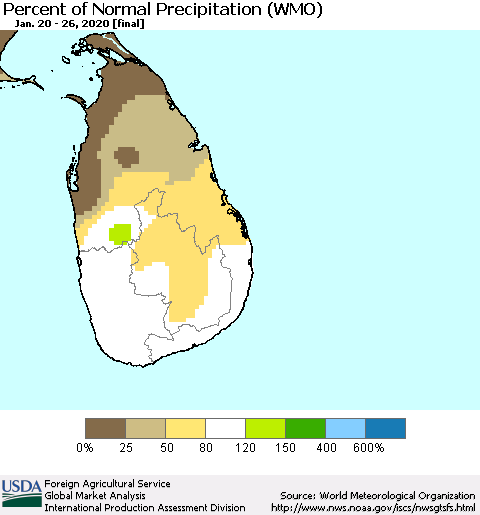 Sri Lanka Percent of Normal Precipitation (WMO) Thematic Map For 1/20/2020 - 1/26/2020