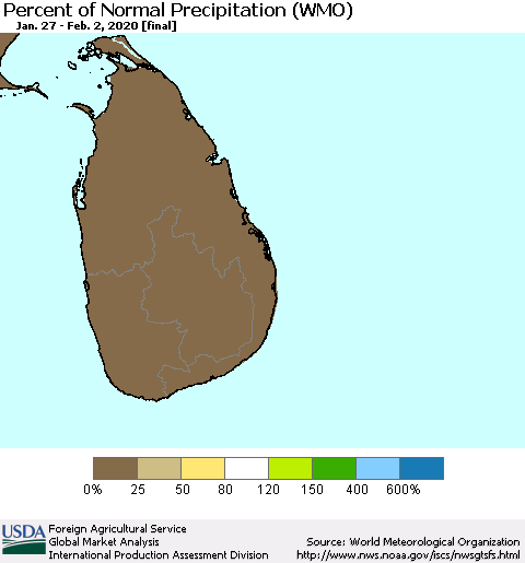 Sri Lanka Percent of Normal Precipitation (WMO) Thematic Map For 1/27/2020 - 2/2/2020