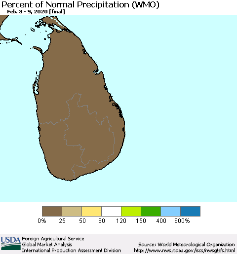 Sri Lanka Percent of Normal Precipitation (WMO) Thematic Map For 2/3/2020 - 2/9/2020