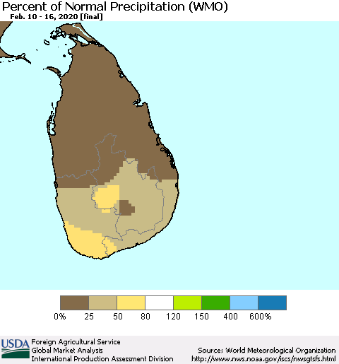 Sri Lanka Percent of Normal Precipitation (WMO) Thematic Map For 2/10/2020 - 2/16/2020