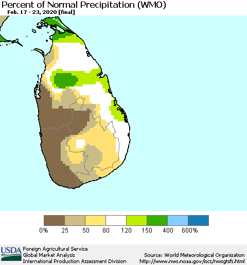 Sri Lanka Percent of Normal Precipitation (WMO) Thematic Map For 2/17/2020 - 2/23/2020