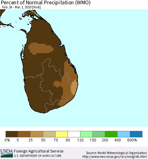 Sri Lanka Percent of Normal Precipitation (WMO) Thematic Map For 2/24/2020 - 3/1/2020