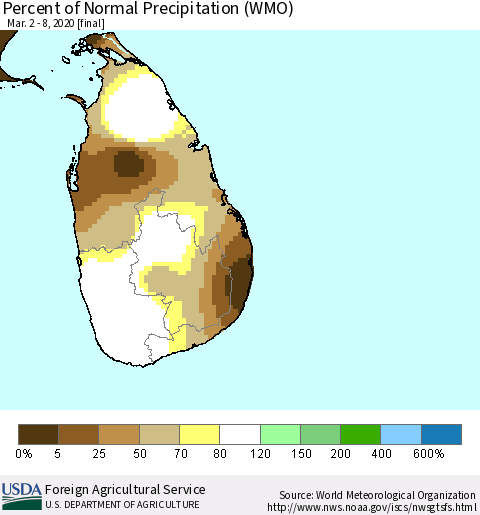 Sri Lanka Percent of Normal Precipitation (WMO) Thematic Map For 3/2/2020 - 3/8/2020