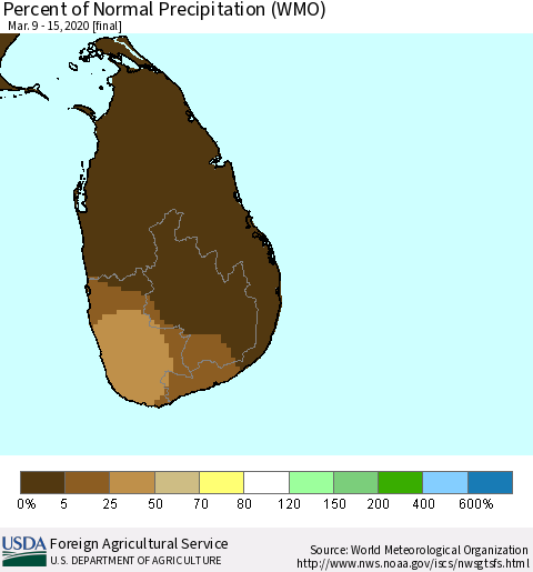 Sri Lanka Percent of Normal Precipitation (WMO) Thematic Map For 3/9/2020 - 3/15/2020