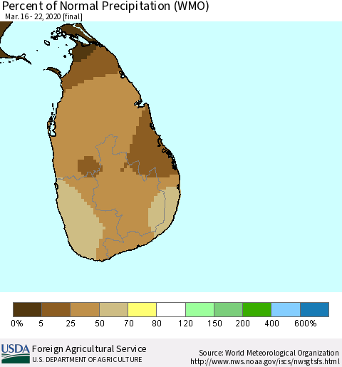 Sri Lanka Percent of Normal Precipitation (WMO) Thematic Map For 3/16/2020 - 3/22/2020