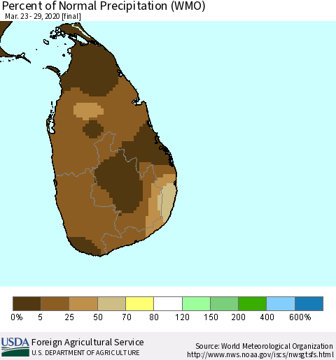 Sri Lanka Percent of Normal Precipitation (WMO) Thematic Map For 3/23/2020 - 3/29/2020