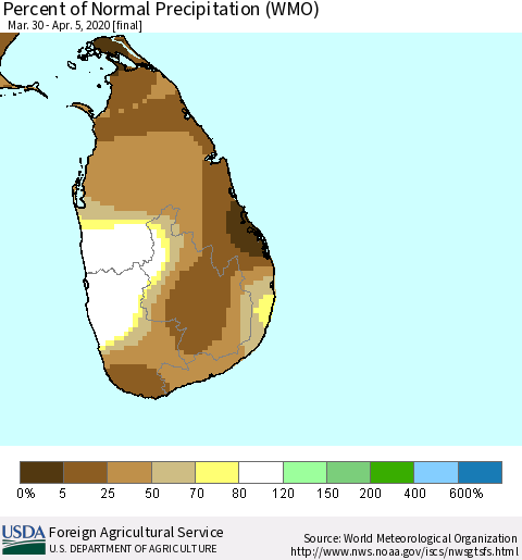 Sri Lanka Percent of Normal Precipitation (WMO) Thematic Map For 3/30/2020 - 4/5/2020