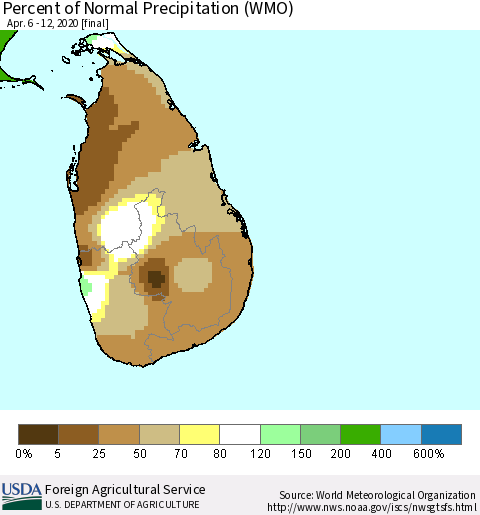 Sri Lanka Percent of Normal Precipitation (WMO) Thematic Map For 4/6/2020 - 4/12/2020
