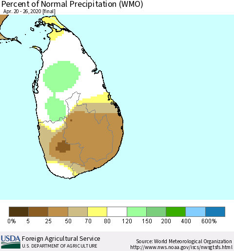Sri Lanka Percent of Normal Precipitation (WMO) Thematic Map For 4/20/2020 - 4/26/2020
