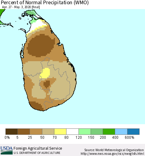 Sri Lanka Percent of Normal Precipitation (WMO) Thematic Map For 4/27/2020 - 5/3/2020
