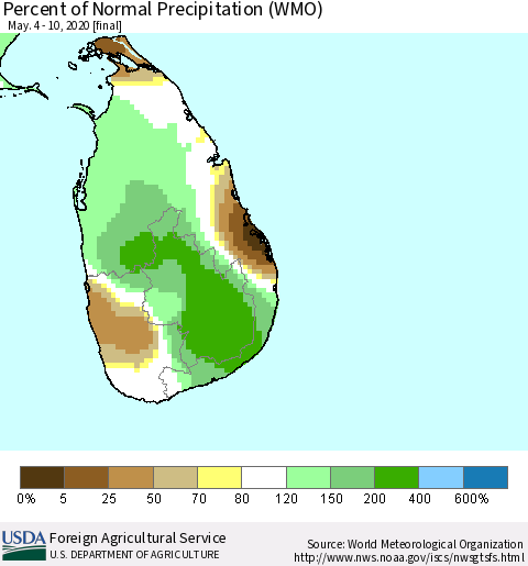 Sri Lanka Percent of Normal Precipitation (WMO) Thematic Map For 5/4/2020 - 5/10/2020