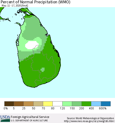 Sri Lanka Percent of Normal Precipitation (WMO) Thematic Map For 5/11/2020 - 5/17/2020