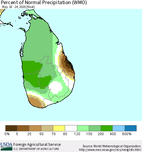 Sri Lanka Percent of Normal Precipitation (WMO) Thematic Map For 5/18/2020 - 5/24/2020