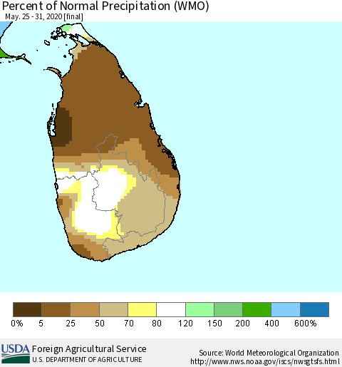 Sri Lanka Percent of Normal Precipitation (WMO) Thematic Map For 5/25/2020 - 5/31/2020