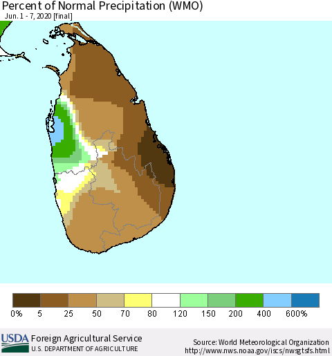 Sri Lanka Percent of Normal Precipitation (WMO) Thematic Map For 6/1/2020 - 6/7/2020