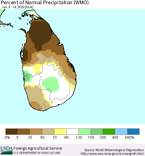 Sri Lanka Percent of Normal Precipitation (WMO) Thematic Map For 6/8/2020 - 6/14/2020