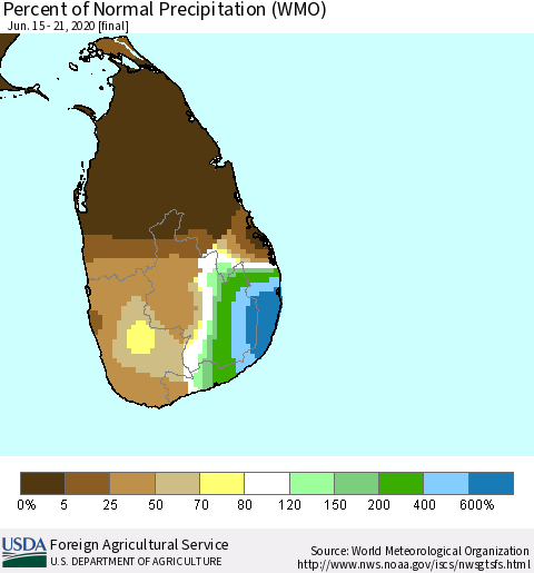 Sri Lanka Percent of Normal Precipitation (WMO) Thematic Map For 6/15/2020 - 6/21/2020