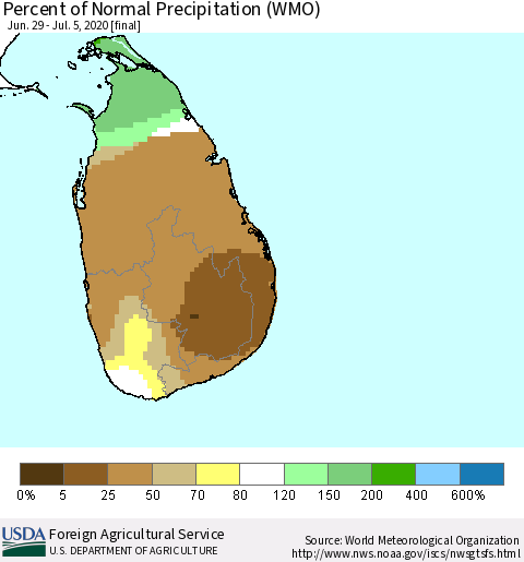Sri Lanka Percent of Normal Precipitation (WMO) Thematic Map For 6/29/2020 - 7/5/2020