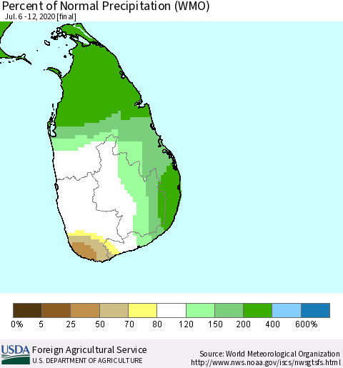 Sri Lanka Percent of Normal Precipitation (WMO) Thematic Map For 7/6/2020 - 7/12/2020