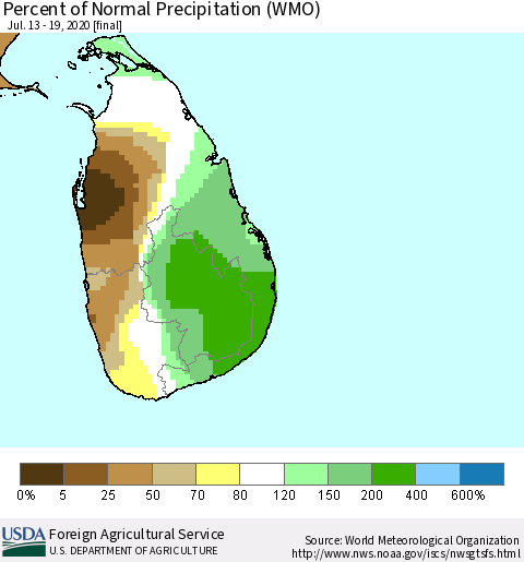 Sri Lanka Percent of Normal Precipitation (WMO) Thematic Map For 7/13/2020 - 7/19/2020