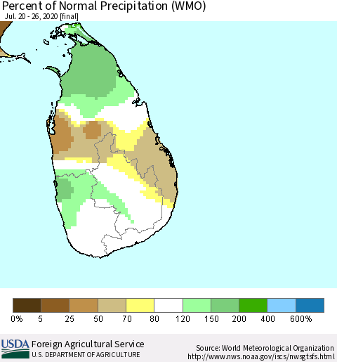 Sri Lanka Percent of Normal Precipitation (WMO) Thematic Map For 7/20/2020 - 7/26/2020
