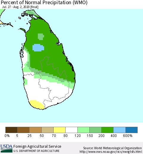 Sri Lanka Percent of Normal Precipitation (WMO) Thematic Map For 7/27/2020 - 8/2/2020