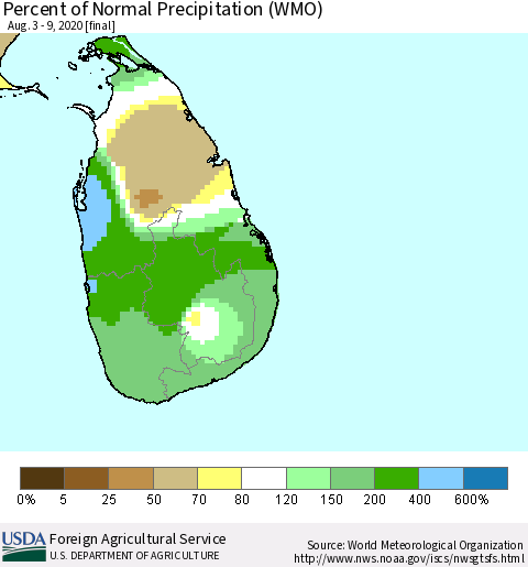 Sri Lanka Percent of Normal Precipitation (WMO) Thematic Map For 8/3/2020 - 8/9/2020