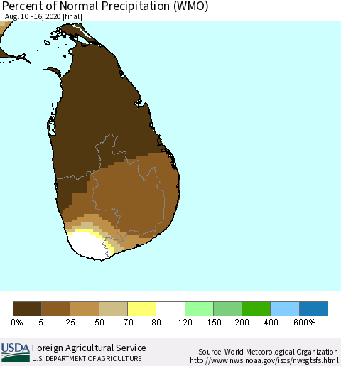 Sri Lanka Percent of Normal Precipitation (WMO) Thematic Map For 8/10/2020 - 8/16/2020