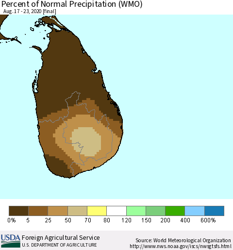 Sri Lanka Percent of Normal Precipitation (WMO) Thematic Map For 8/17/2020 - 8/23/2020