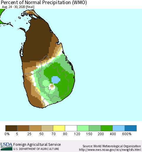 Sri Lanka Percent of Normal Precipitation (WMO) Thematic Map For 8/24/2020 - 8/30/2020