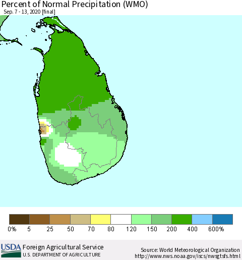 Sri Lanka Percent of Normal Precipitation (WMO) Thematic Map For 9/7/2020 - 9/13/2020
