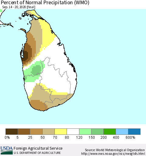 Sri Lanka Percent of Normal Precipitation (WMO) Thematic Map For 9/14/2020 - 9/20/2020