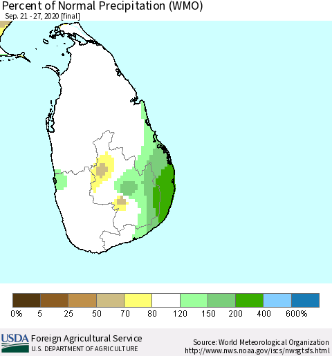 Sri Lanka Percent of Normal Precipitation (WMO) Thematic Map For 9/21/2020 - 9/27/2020