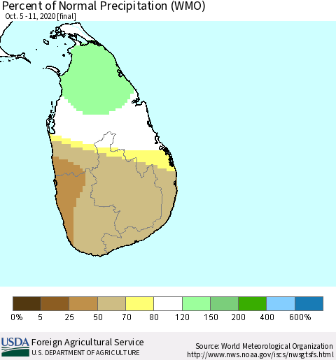 Sri Lanka Percent of Normal Precipitation (WMO) Thematic Map For 10/5/2020 - 10/11/2020