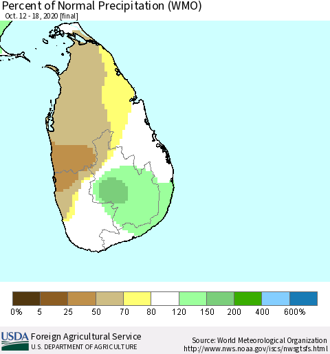 Sri Lanka Percent of Normal Precipitation (WMO) Thematic Map For 10/12/2020 - 10/18/2020