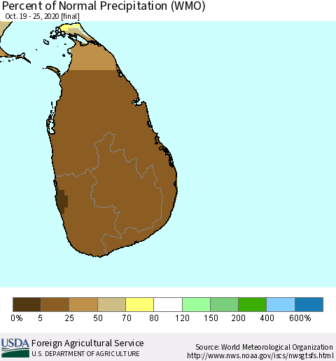 Sri Lanka Percent of Normal Precipitation (WMO) Thematic Map For 10/19/2020 - 10/25/2020