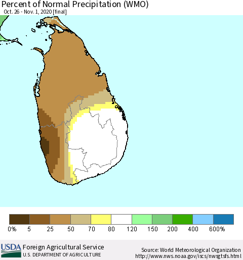 Sri Lanka Percent of Normal Precipitation (WMO) Thematic Map For 10/26/2020 - 11/1/2020