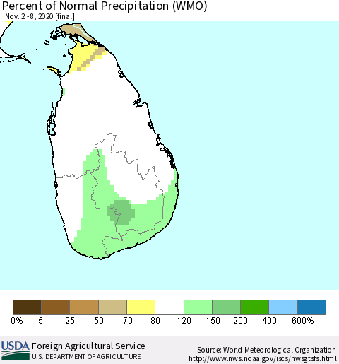 Sri Lanka Percent of Normal Precipitation (WMO) Thematic Map For 11/2/2020 - 11/8/2020