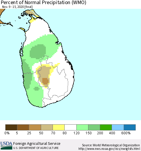 Sri Lanka Percent of Normal Precipitation (WMO) Thematic Map For 11/9/2020 - 11/15/2020