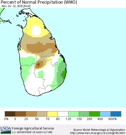 Sri Lanka Percent of Normal Precipitation (WMO) Thematic Map For 11/16/2020 - 11/22/2020
