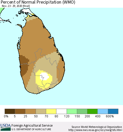 Sri Lanka Percent of Normal Precipitation (WMO) Thematic Map For 11/23/2020 - 11/29/2020