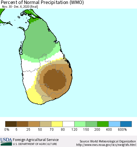 Sri Lanka Percent of Normal Precipitation (WMO) Thematic Map For 11/30/2020 - 12/6/2020