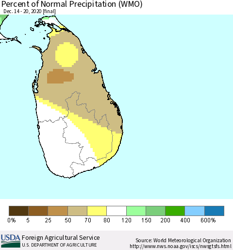 Sri Lanka Percent of Normal Precipitation (WMO) Thematic Map For 12/14/2020 - 12/20/2020