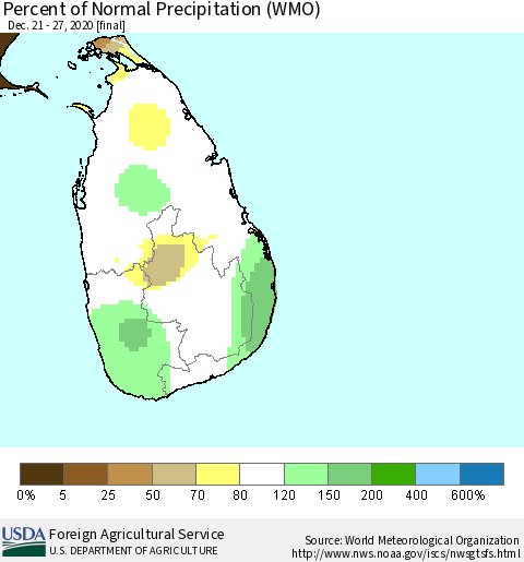 Sri Lanka Percent of Normal Precipitation (WMO) Thematic Map For 12/21/2020 - 12/27/2020