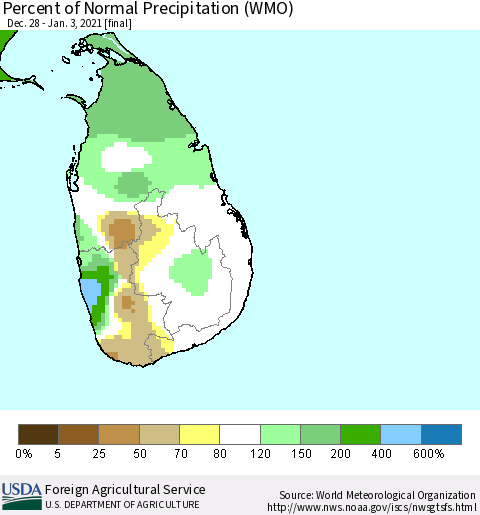 Sri Lanka Percent of Normal Precipitation (WMO) Thematic Map For 12/28/2020 - 1/3/2021