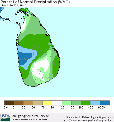 Sri Lanka Percent of Normal Precipitation (WMO) Thematic Map For 1/4/2021 - 1/10/2021