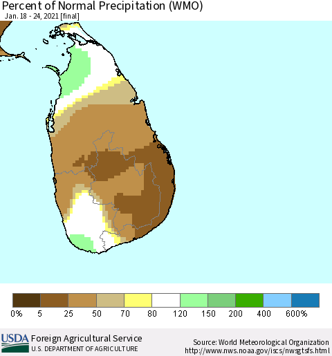Sri Lanka Percent of Normal Precipitation (WMO) Thematic Map For 1/18/2021 - 1/24/2021